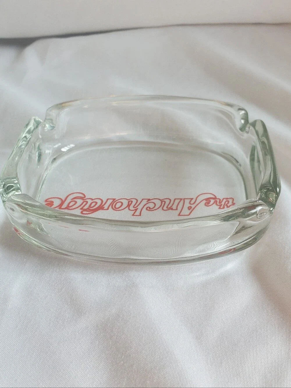 The Anchorage Vintage Clear Glass Ashtray with Red Script Logo Retro MCM EUC